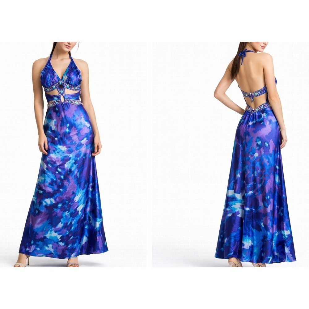 VTG Y2K Prom Dress 6 Halter Beaded Evening Gown Backless Cutout Fairy Mermaid‎